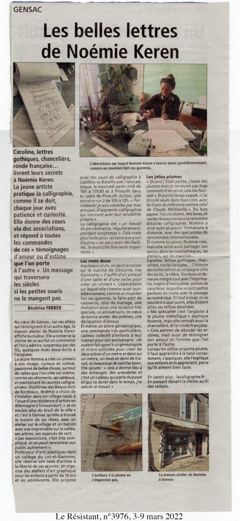 calligraphe bordeaux Article de presse, Journal Le Résistant, Noémie Keren
