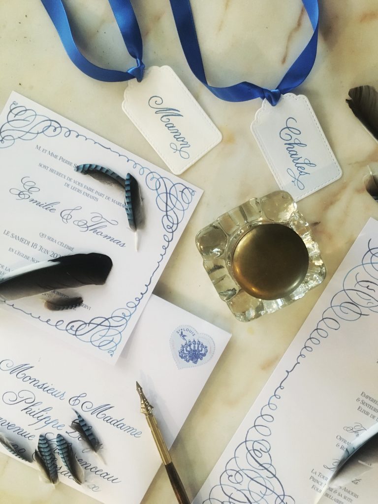 Invitations mariage, calligraphie, Bleu de Geai, Collection Noémie Keren 2022